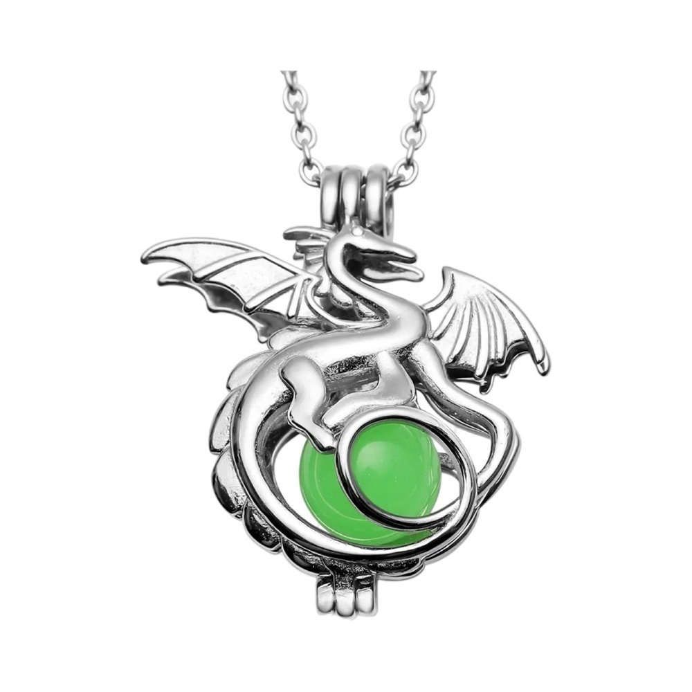 Green Night Glow Resin Dragon with Ball Necklace 20 Inches in Stainless Steel